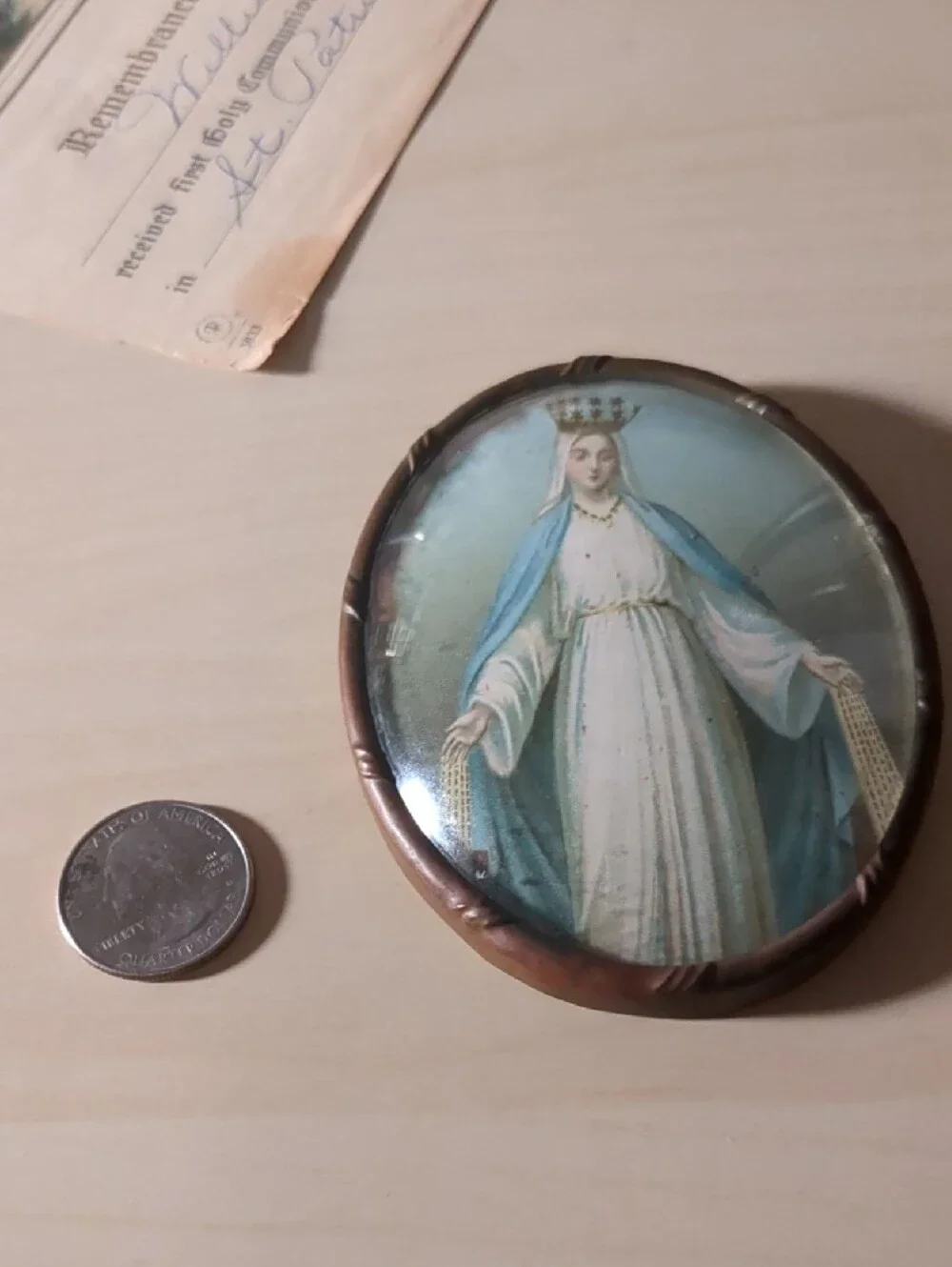 Antique French Religious Medallion And Holy Communion Certificate